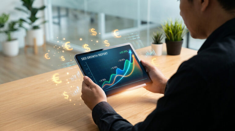 Une personne tenant une tablette affichant un graphique de croissance SEO avec des icônes de monnaie flottantes.