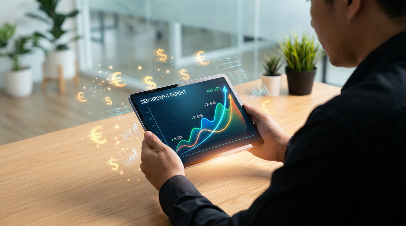Une personne tenant une tablette affichant un graphique de croissance SEO avec des icônes de monnaie flottantes.