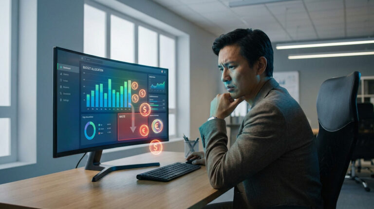 Un homme d'affaires inquiet regarde un écran affichant des statistiques de budget avec une section dédiée au gaspillage.