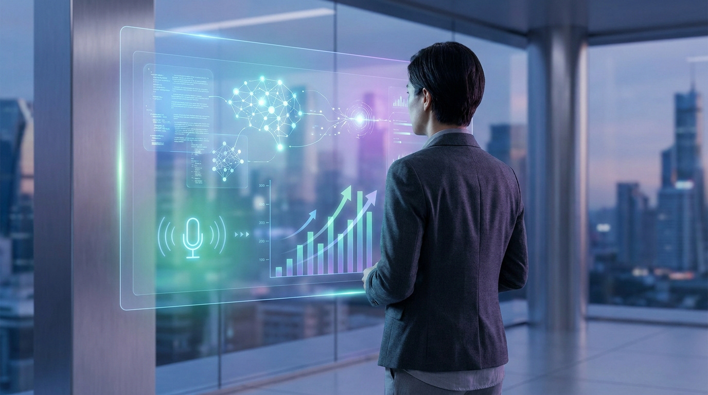 Une personne en costume regarde une interface holographique futuriste affichant des données d'IA et de recherche vocale.