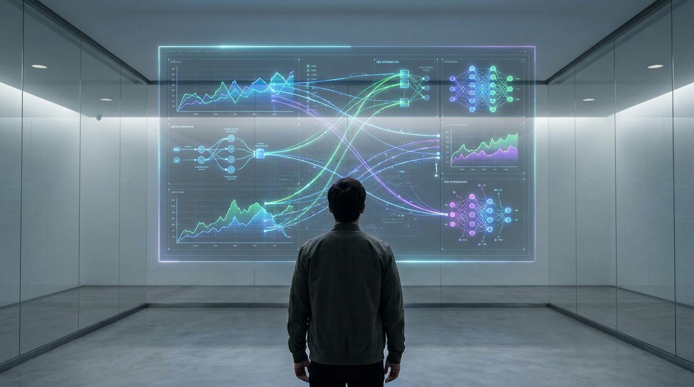 Un homme observe un écran holographique affichant des graphiques complexes et des réseaux de neurones pour le SEO.