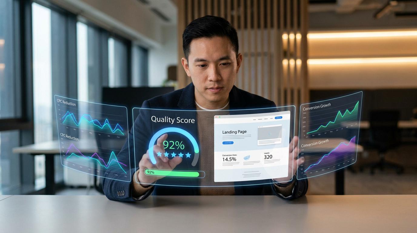 Un homme d'affaires utilisant une interface holographique pour analyser le score de qualité et les taux de conversion.