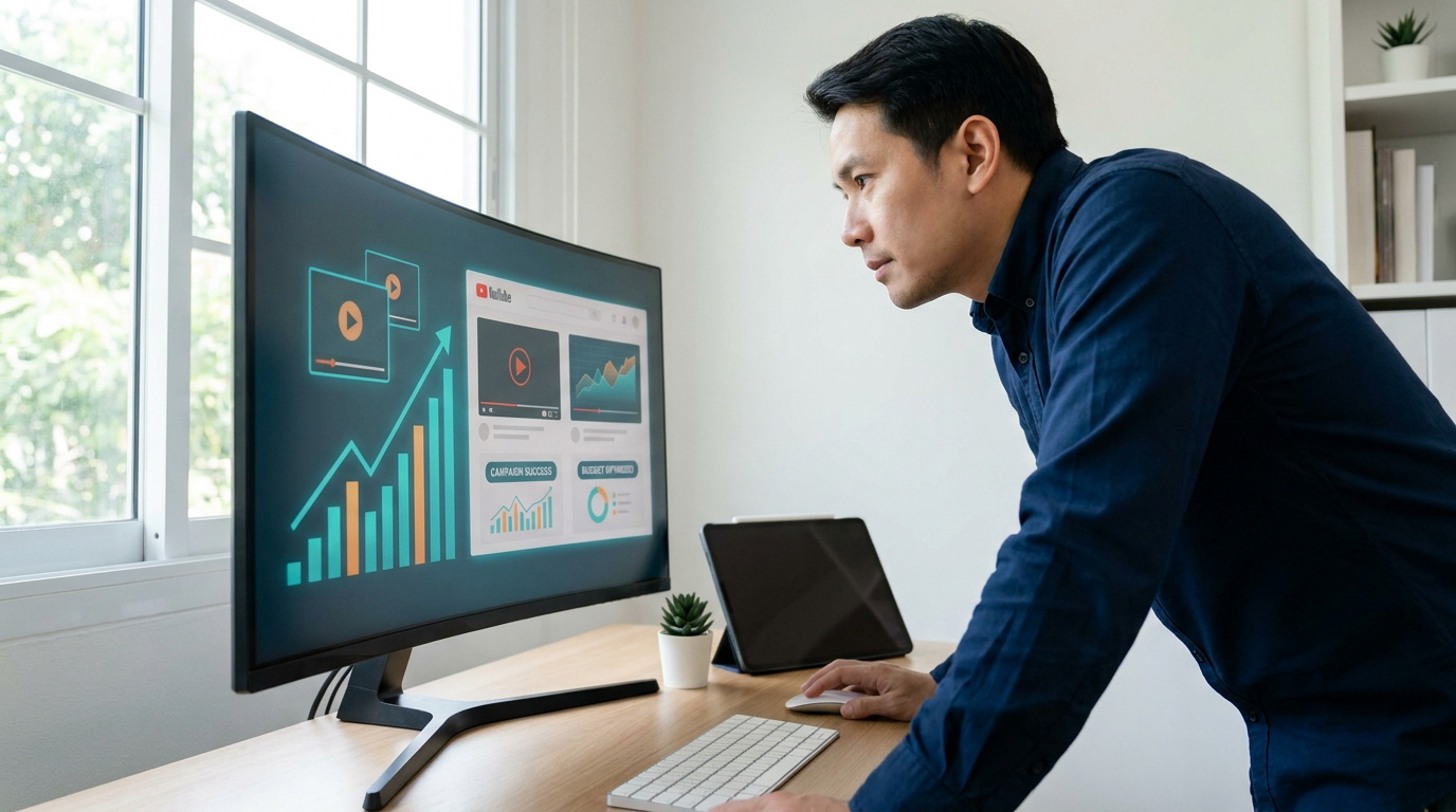 Un homme concentré travaillant sur son ordinateur, affichant des graphiques de performance de campagne vidéo.