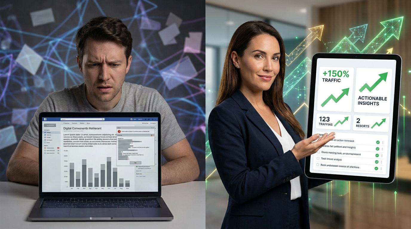 Comparaison entre un homme frustré devant un audit SEO basique et une femme présentant des résultats de croissance optimisés.