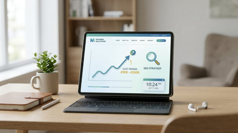 Tablette affichant un graphique de croissance et une fourchette de prix entre 900 et 5000 euros sur un bureau.