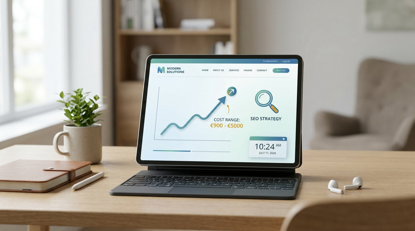 Tablette affichant un graphique de croissance et une fourchette de prix entre 900 et 5000 euros sur un bureau.