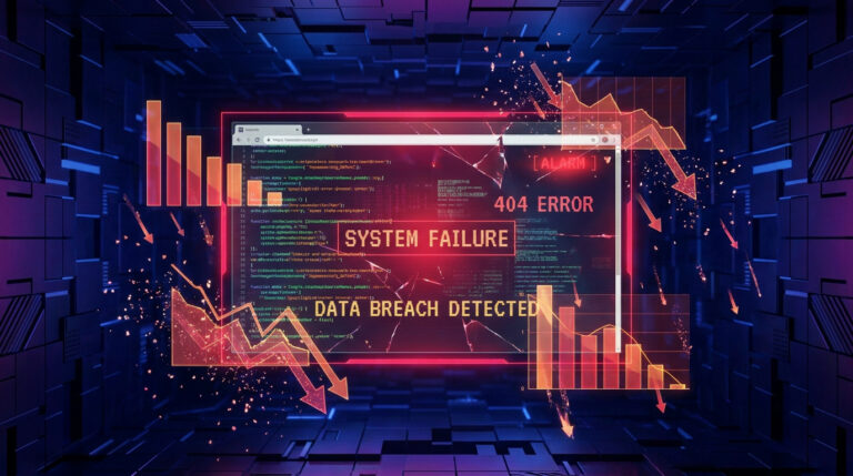 Interface de navigateur web piraté avec messages d'erreur et graphiques financiers en baisse dans un univers numérique sombre.