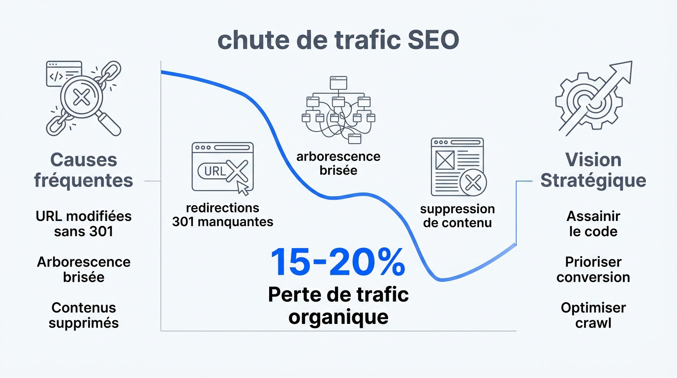 Graphique montrant une chute de trafic SEO suite à une refonte de site web mal maîtrisée
