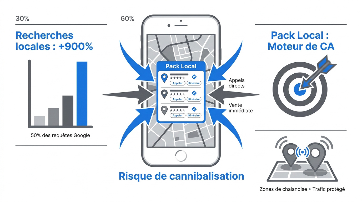Graphique illustrant l'explosion des recherches locales et l'importance du Pack Local Google