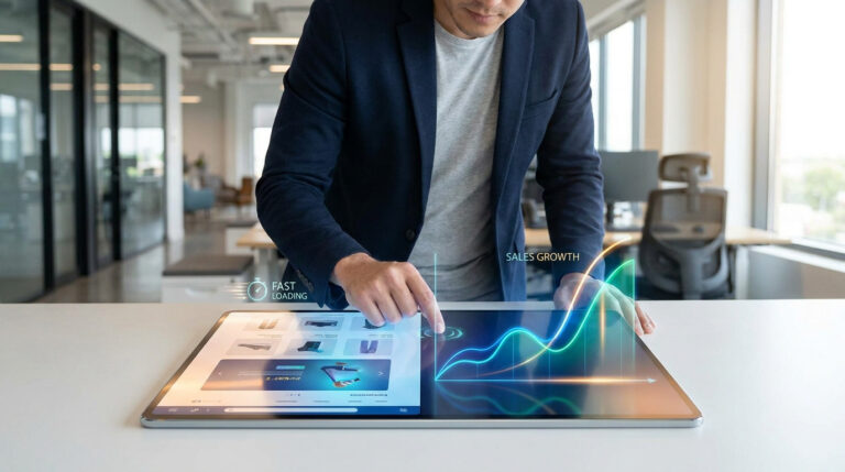 Un professionnel utilisant une tablette tactile affichant un site e-commerce et une courbe de croissance des ventes.