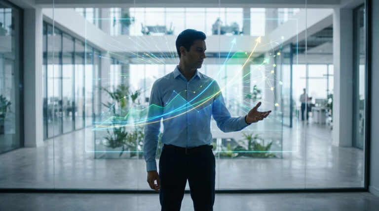 Expert SEO : Analysez vos performances en temps réel Homme d'affaires interagissant avec une interface numérique montrant une croissance et des courbes de données SEO.