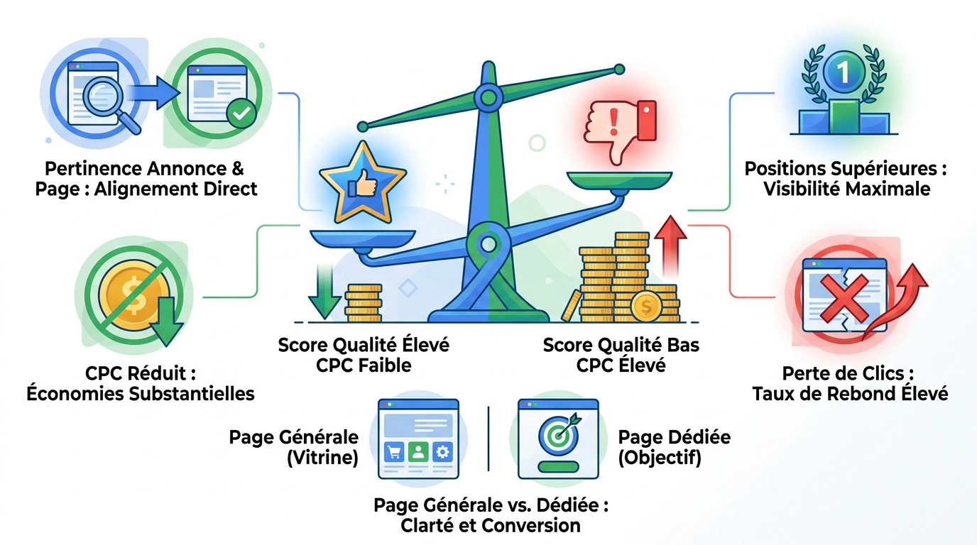 Graphique illustrant l'équilibre entre score de qualité et coût par clic dans une stratégie marketing