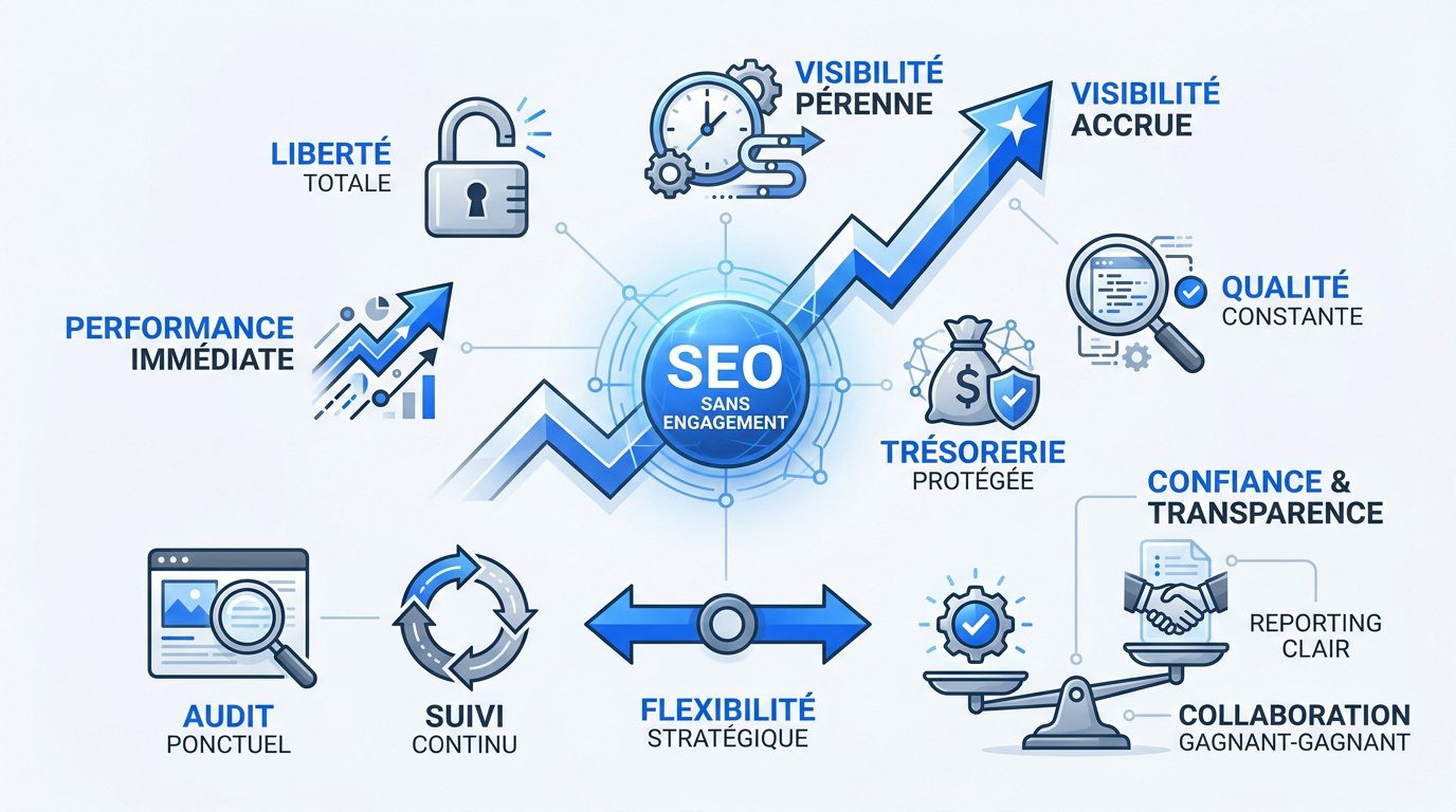 Infographie expliquant les bénéfices du SEO sans engagement pour la visibilité web