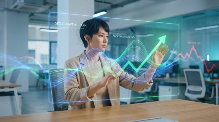 Une femme d'affaires interagit avec un graphique holographique montrant la croissance du SEO et l'optimisation par IA.