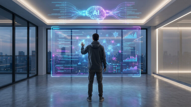Un développeur interagissant avec une interface holographique représentant une IA et des données complexes.