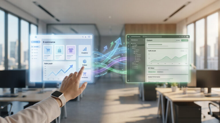 Une main interagit avec des interfaces holographiques illustrant la comparaison entre Shopify et WooCommerce pour le SEO.