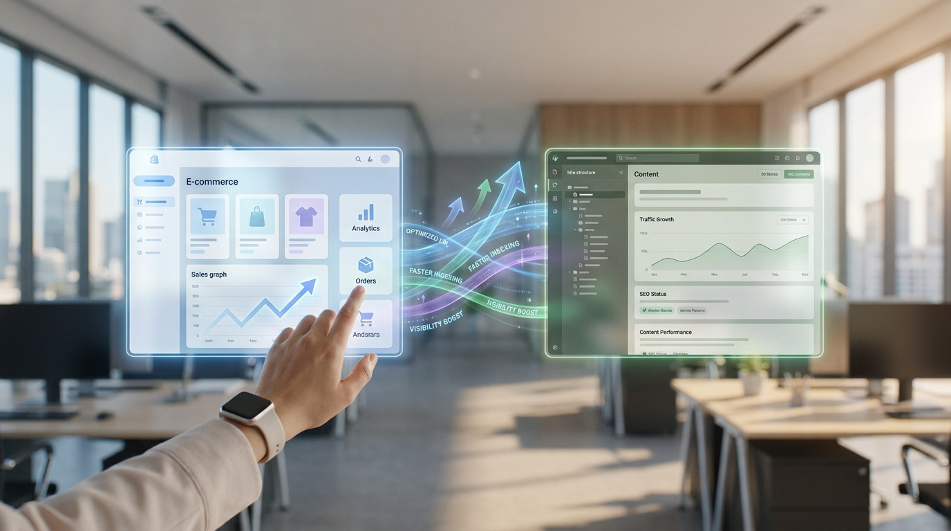 Une main interagit avec des interfaces holographiques illustrant la comparaison entre Shopify et WooCommerce pour le SEO.