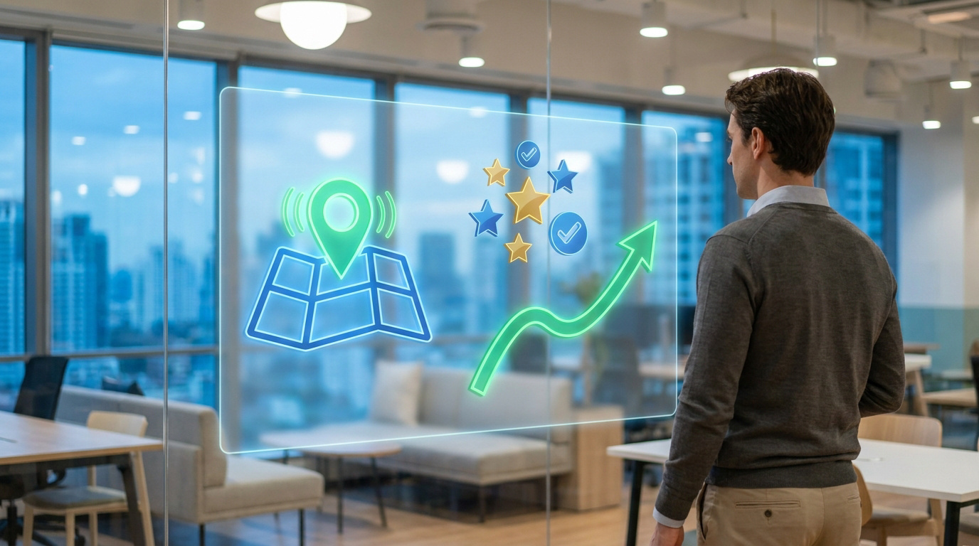 Homme observant une interface numérique avec icônes de localisation, d'avis clients et une flèche de croissance ascendante.
