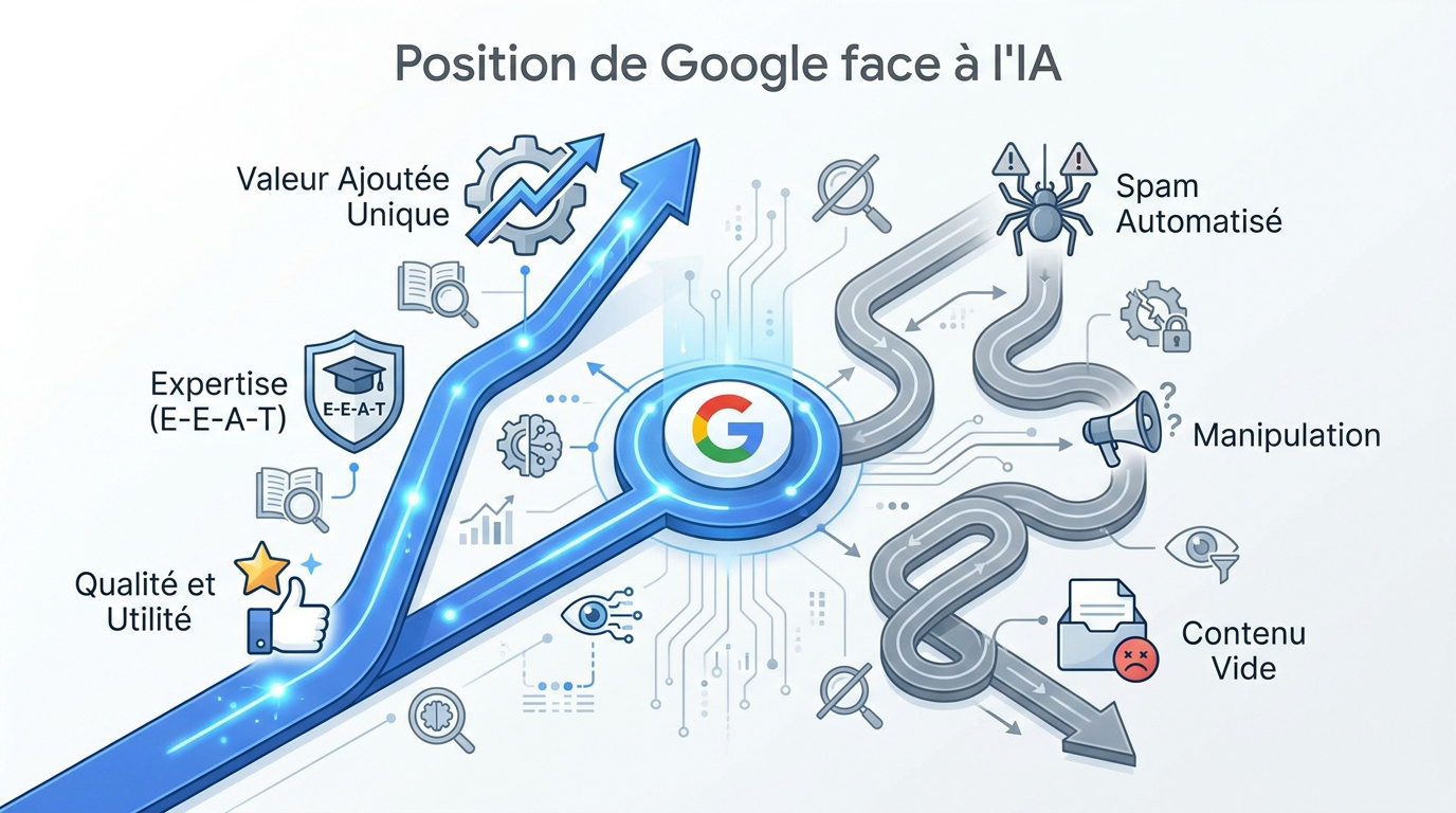 Infographie expliquant la position de Google sur le contenu généré par intelligence artificielle et les critères E-E-A-T