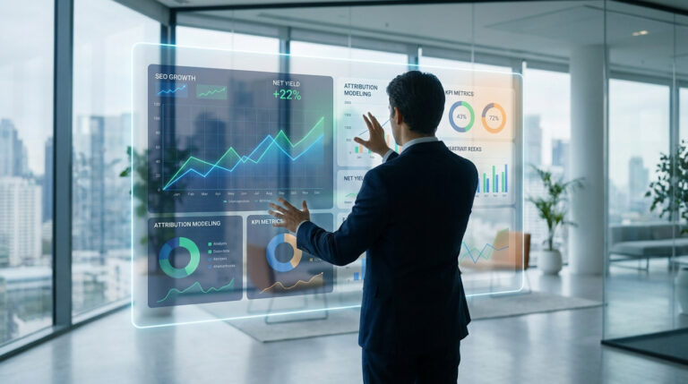 Mesurer la rentabilité de votre stratégie SEO Un homme d'affaires analyse des graphiques de performance SEO sur un écran holographique dans un bureau moderne.