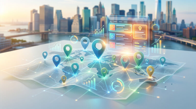 Carte du monde numérique avec pointeurs de localisation et interface de gestion SEO devant une ligne d'horizon urbaine.