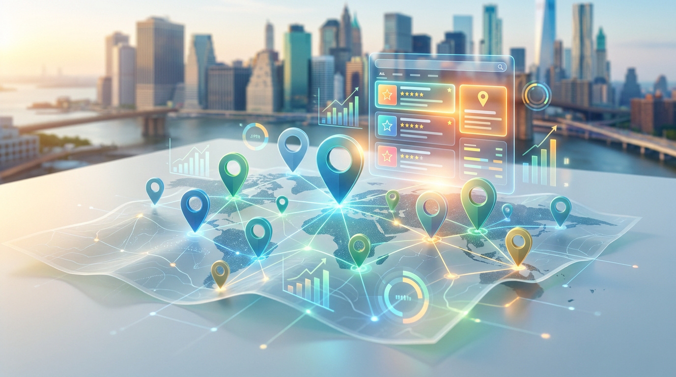 Carte du monde numérique avec pointeurs de localisation et interface de gestion SEO devant une ligne d'horizon urbaine.