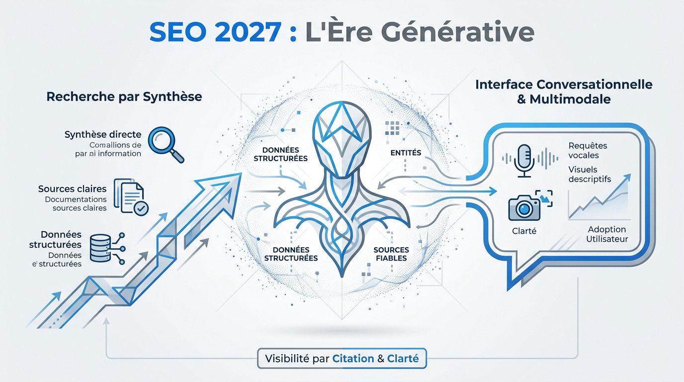 Représentation technologique de l'IA générative et du SEO en 2027