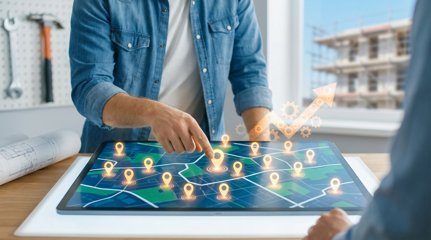 Un artisan pointe une carte numérique avec des marqueurs de localisation et une flèche de croissance sur une tablette.