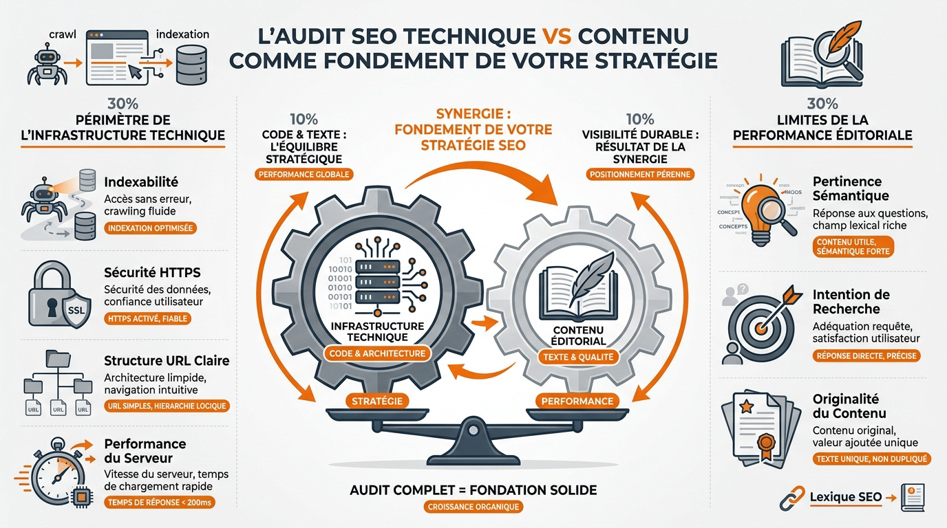 Schéma illustrant l'équilibre entre optimisation technique et qualité du contenu sémantique pour le référencement Google