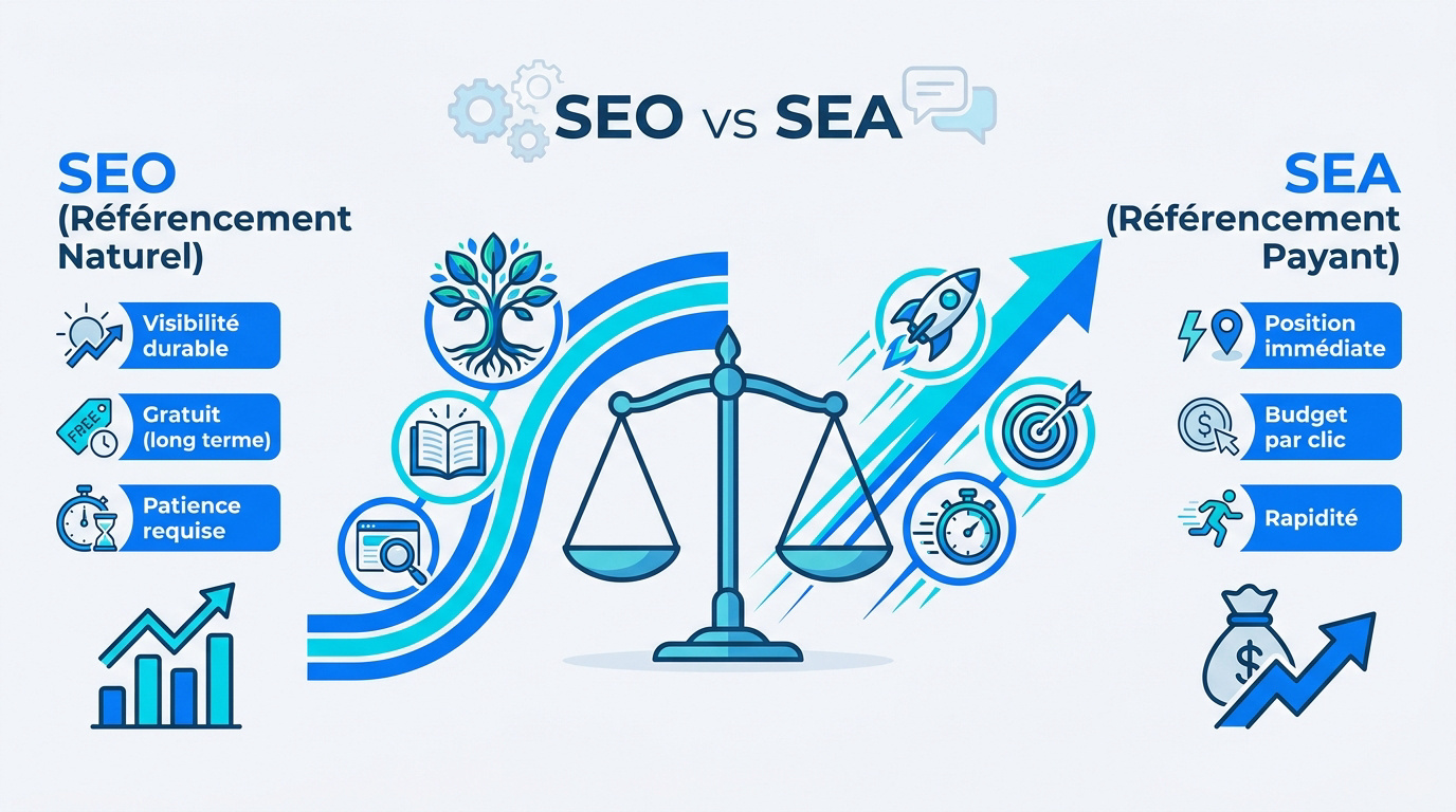 Comparaison entre les résultats SEO naturels et les annonces SEA payantes pour une PME