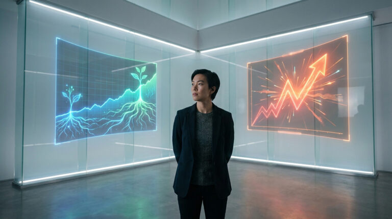 Une femme d'affaires regarde deux écrans holographiques, l'un montrant une croissance organique et l'autre une accélération.