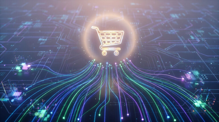 Icône de panier d'achat numérique entourée de flux de données lumineux sur un circuit imprimé futuriste.