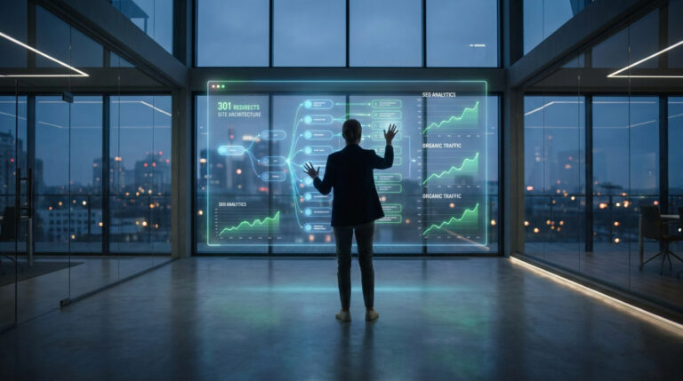 Réussir sa refonte sans perdre son trafic SEO Une personne analyse une interface numérique holographique avec des graphiques de trafic SEO dans un bureau moderne.
