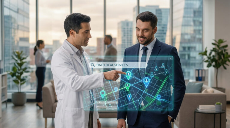 Un médecin et un avocat analysent une carte numérique interactive de services locaux dans un bureau moderne.