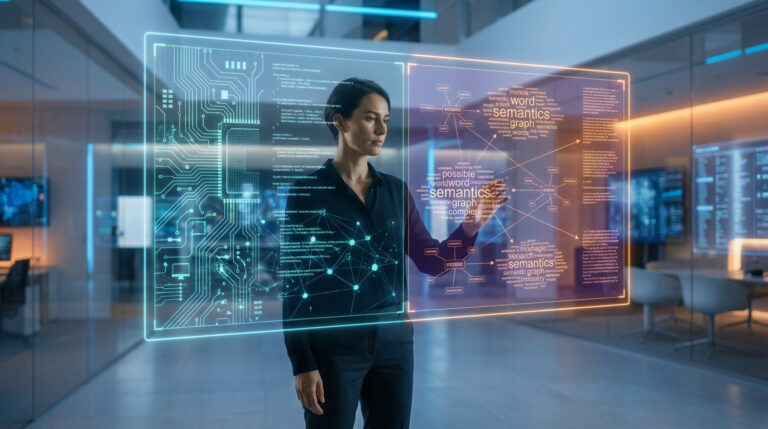 SEO : Choisir entre technique et contenu Une femme analysant des données SEO sur un écran holographique affichant du code et des concepts sémantiques.