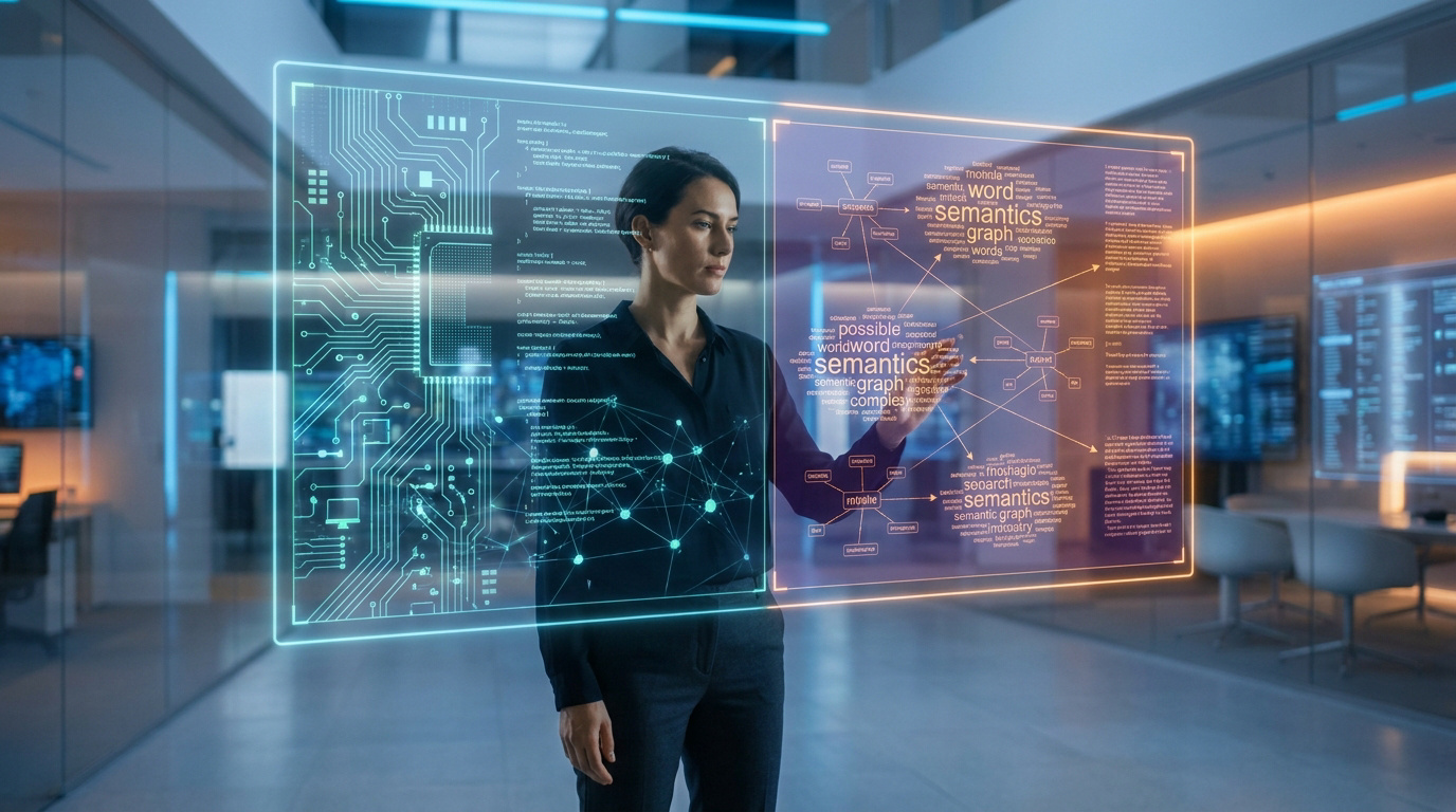 Une femme analysant des données SEO sur un écran holographique affichant du code et des concepts sémantiques.