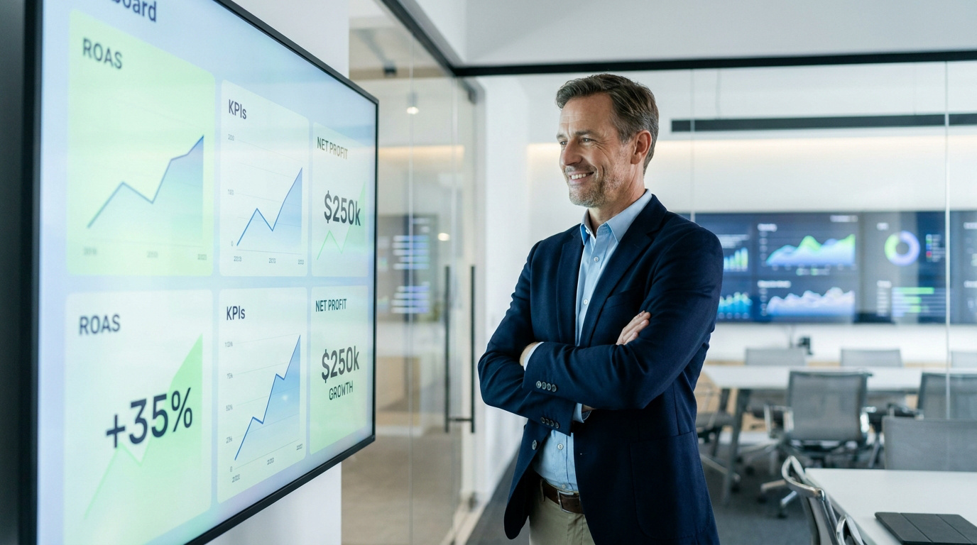Un homme d'affaires souriant regarde un tableau de bord montrant la croissance du ROAS et des profits.