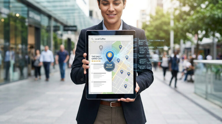 Données structurées pour le SEO local Une personne tenant une tablette affichant un résultat de recherche locale et du code JSON-LD dans une rue commerçante.