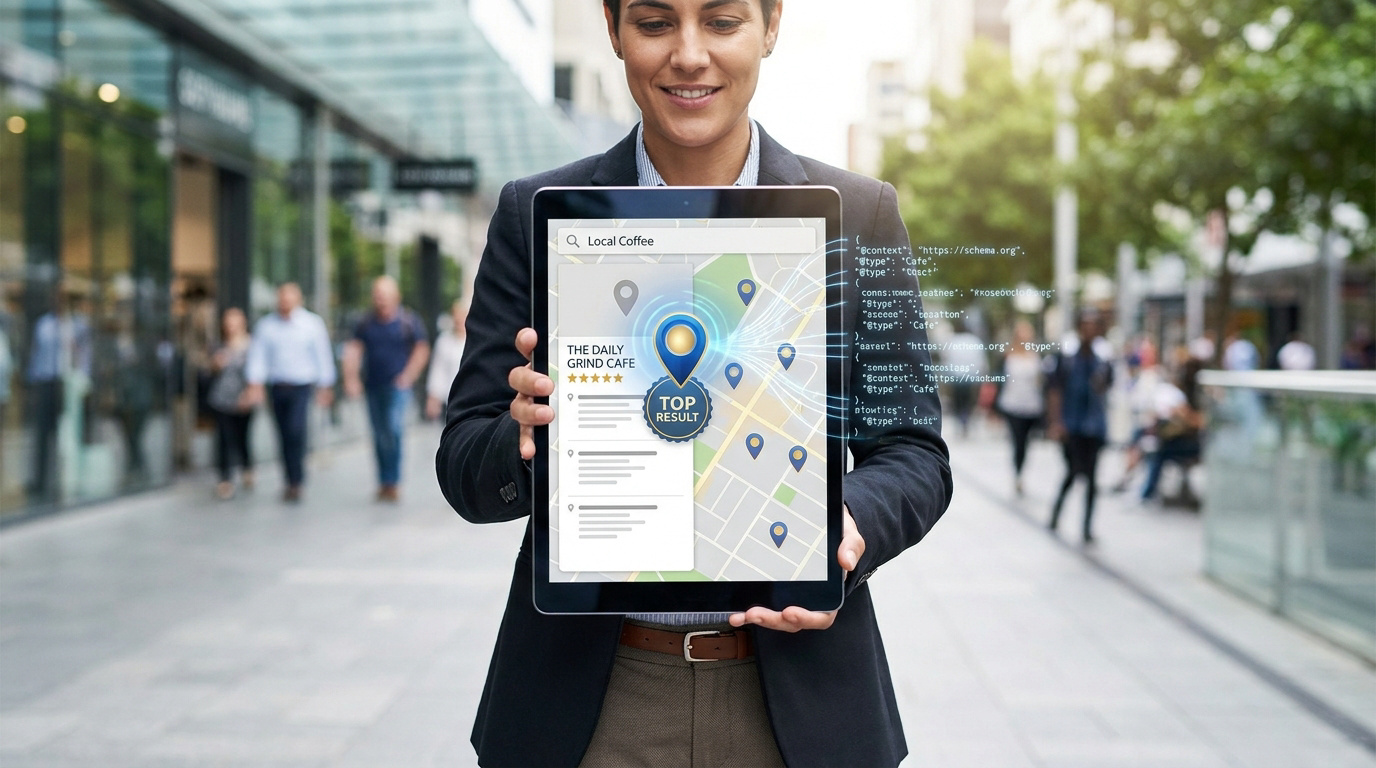 Une personne tenant une tablette affichant un résultat de recherche locale et du code JSON-LD dans une rue commerçante.