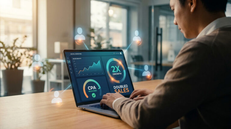 Un professionnel travaillant sur un ordinateur portable affichant des statistiques de marketing numérique et de croissance.