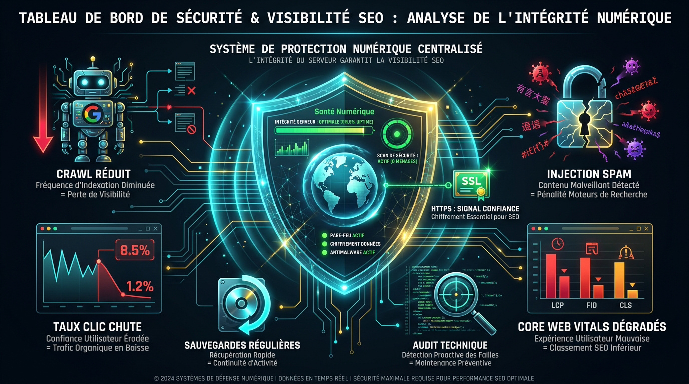 Tableau de bord de sécurité web et suivi de la visibilité SEO