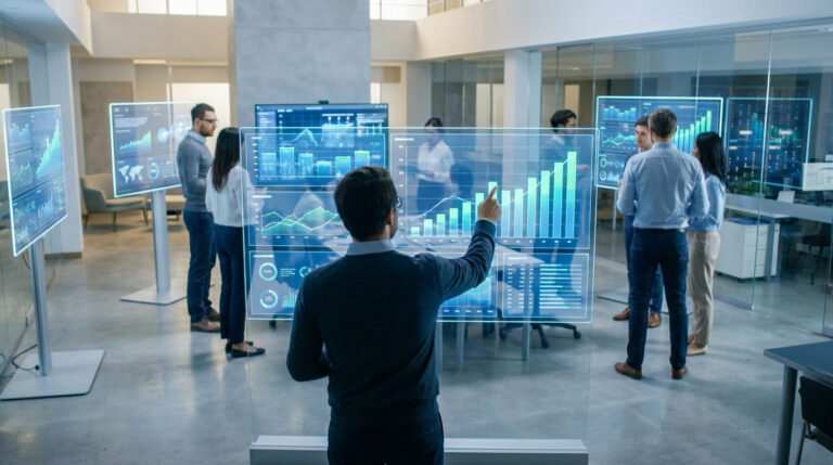 Une équipe analysant des graphiques de performance sur un écran transparent dans un bureau technologique moderne.