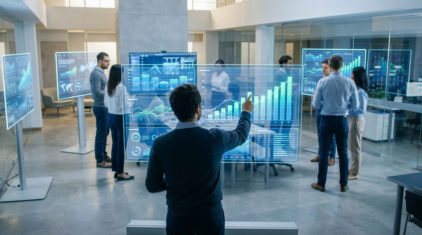 Une équipe analysant des graphiques de performance sur un écran transparent dans un bureau technologique moderne.