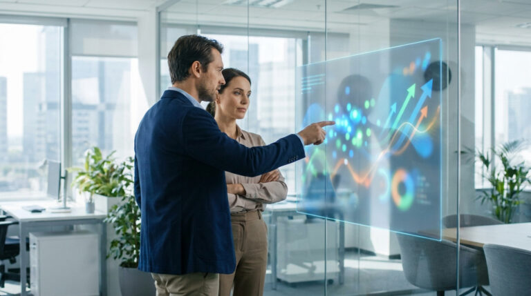 Un homme et une femme d'affaires analysent des graphiques de performance sur un écran en verre interactif.