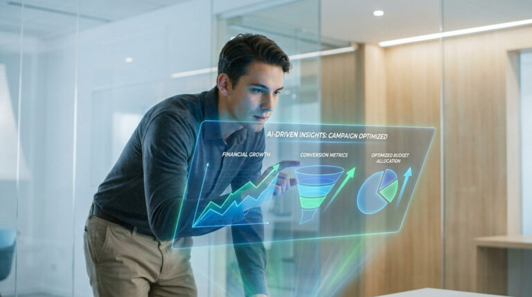 Homme d'affaires analysant des données marketing sur une interface holographique futuriste dans un bureau moderne.