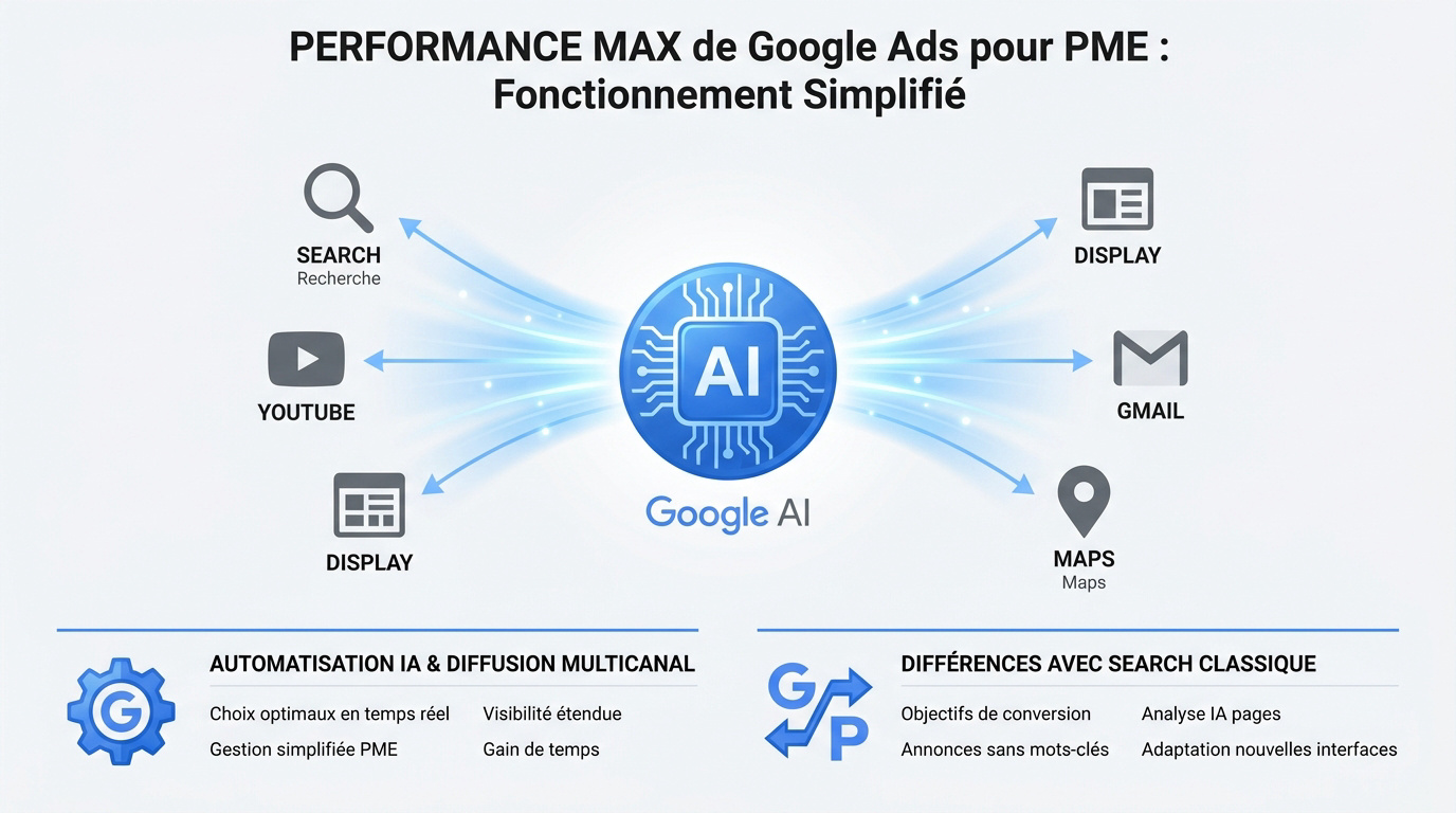 Schéma du fonctionnement multicanal de Performance Max Google Ads pour les PME