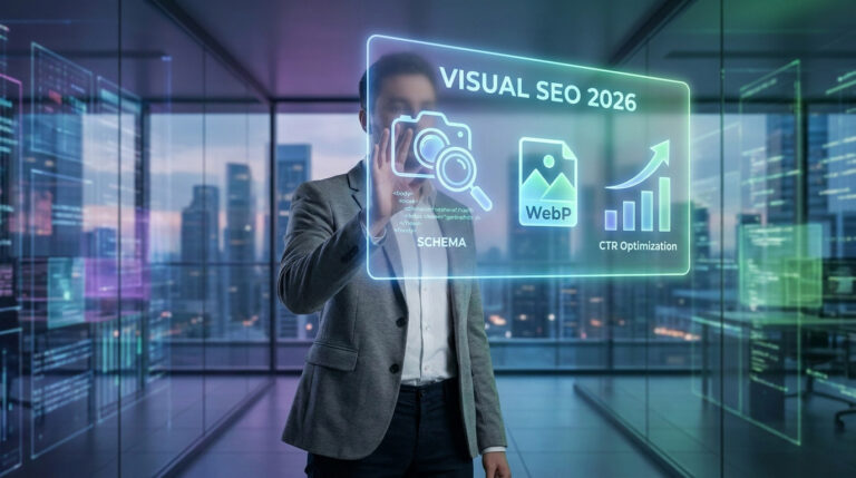 Un professionnel interagissant avec une interface holographique futuriste affichant des données sur le SEO visuel.