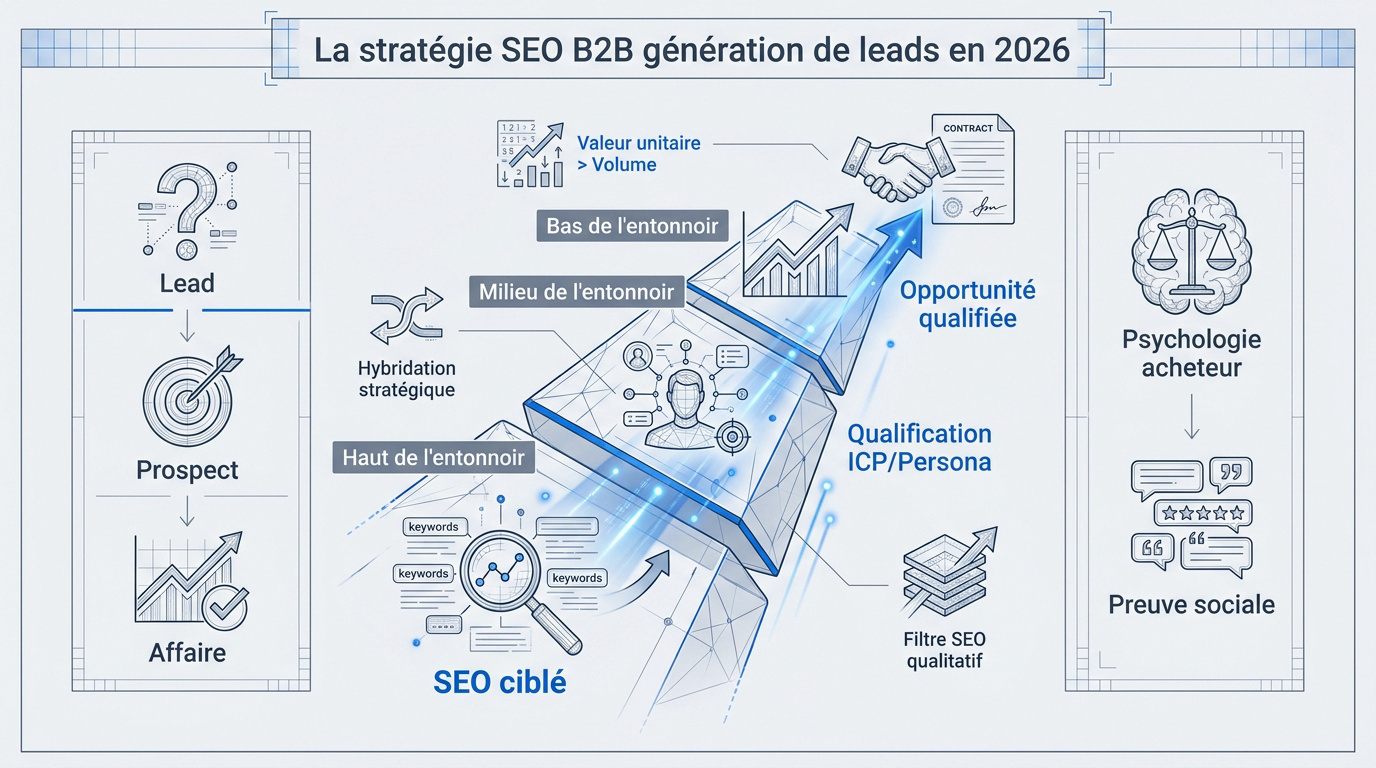Schéma stratégique de génération de leads B2B via le SEO en 2026